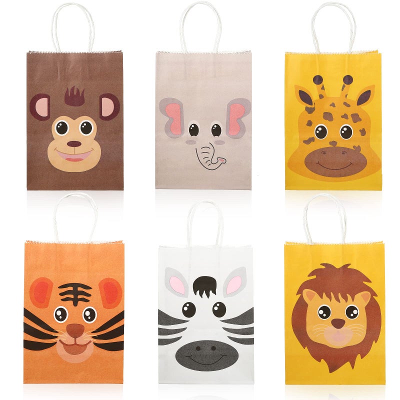 GWHOLE 12 Pack Jungle Animal Themed Candy Goodie Bags, Kraft Paper Treat Bags with Handles for Baby Shower Kids Birthday Party Safari Favors - Image 2